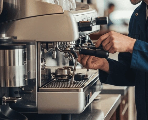 Foto de um homem consertando uma máquina de café